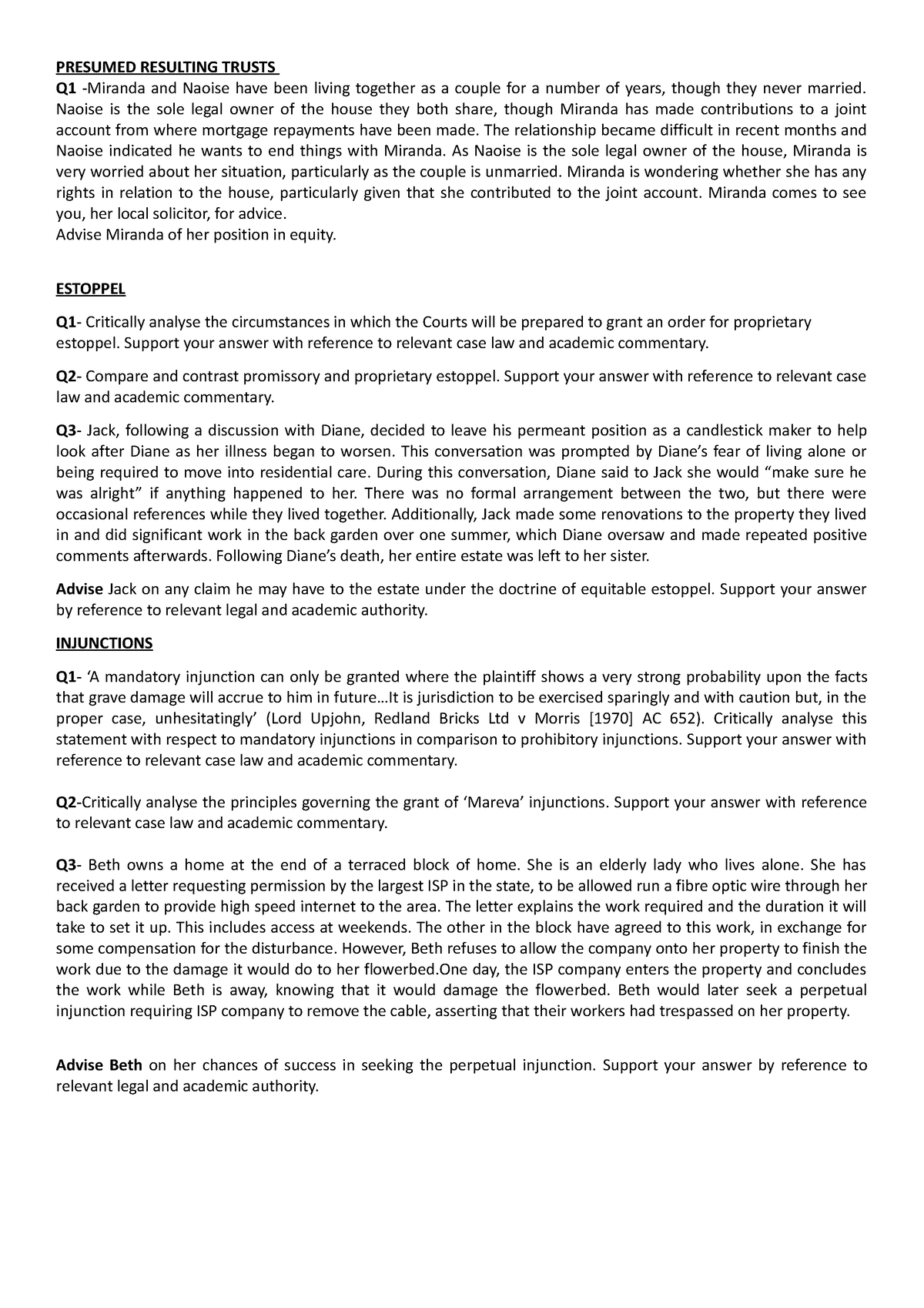 Equity exam questions - Law Of Equity - Maynooth University - Studocu