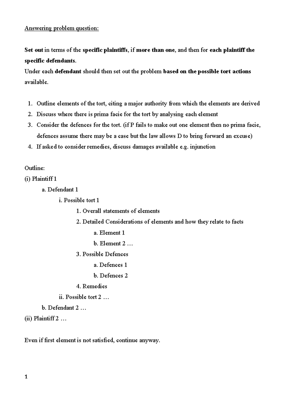 Torts Notes - Answering problem question: Set out in terms of the ...