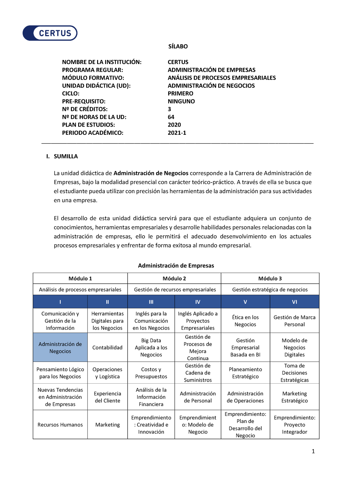 Sílabo PDF ADM - Apunte - SÕLABO NOMBRE DE LA INSTITUCI”N: CERTUS ...