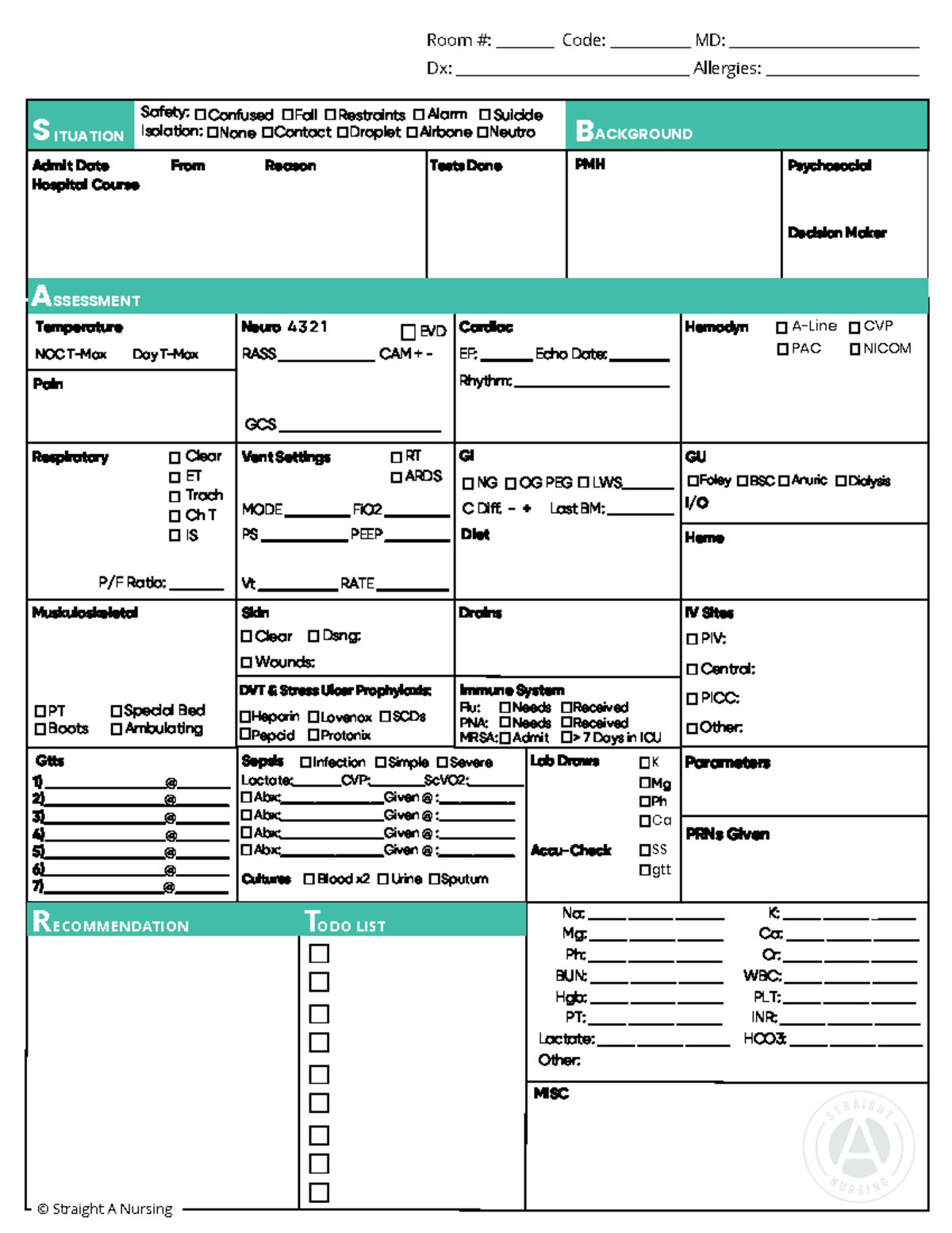 ICU SBAR Report Sheets ALL Colors - Gtts Parameters Na ...