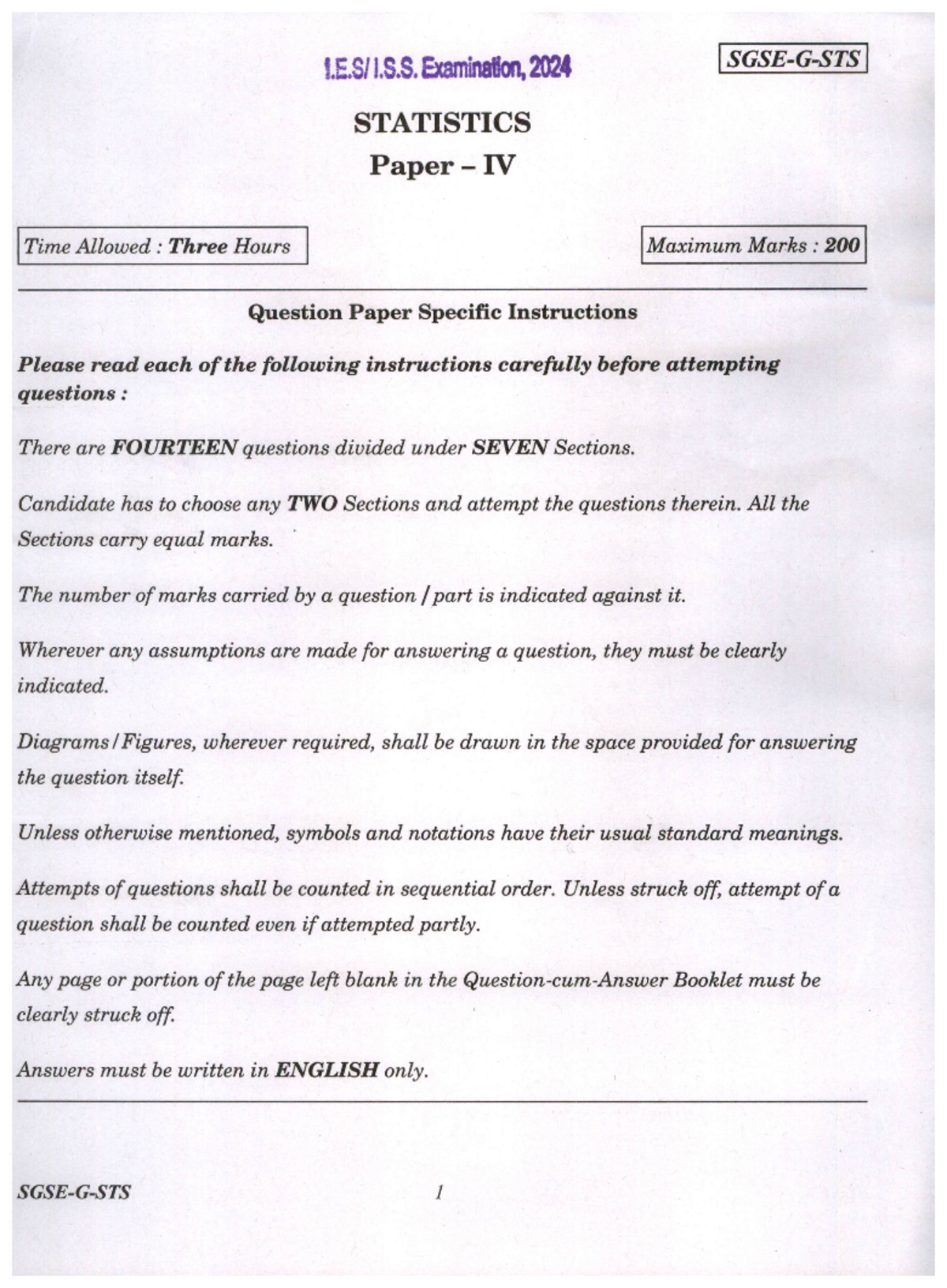 QP IES ISS 24 Statistics Paper IV 240624 - Examination, 2024 STATISTICS ...