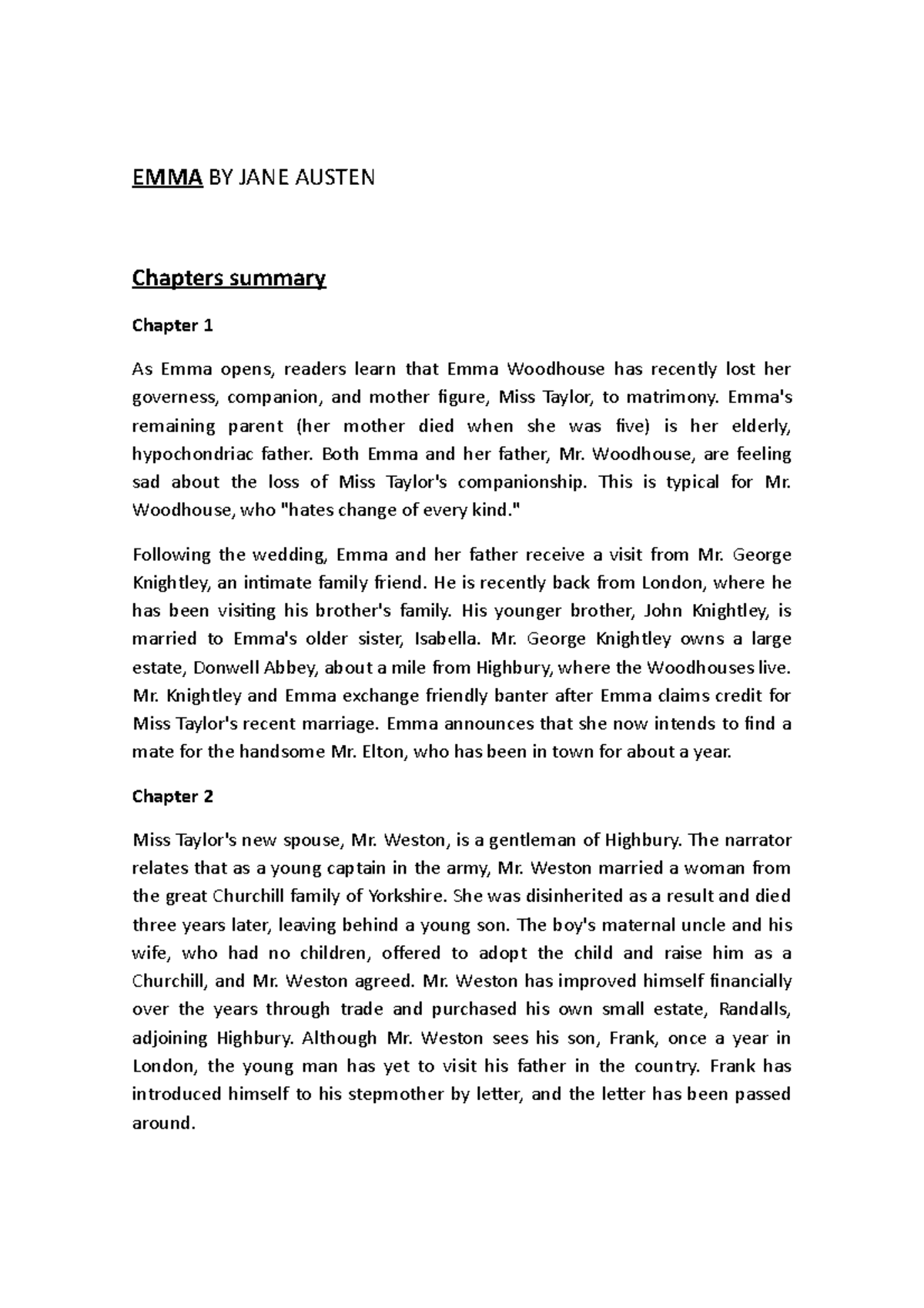 Unit 5 Lecture notes 5 EMMA BY JANE AUSTEN Chapters summary Chapter
