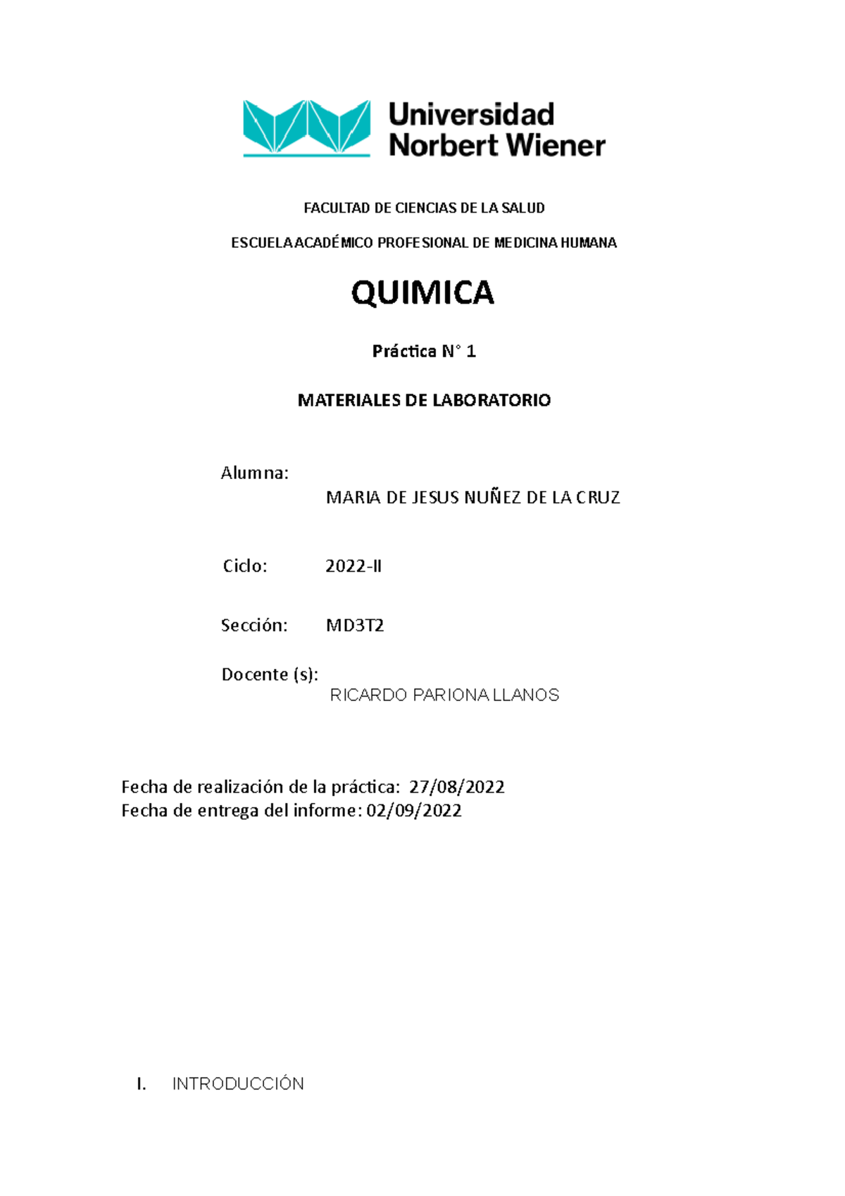 Informe Practica 1 Facultad De Ciencias De La Salud Escuela AcadÉmico Profesional De Medicina