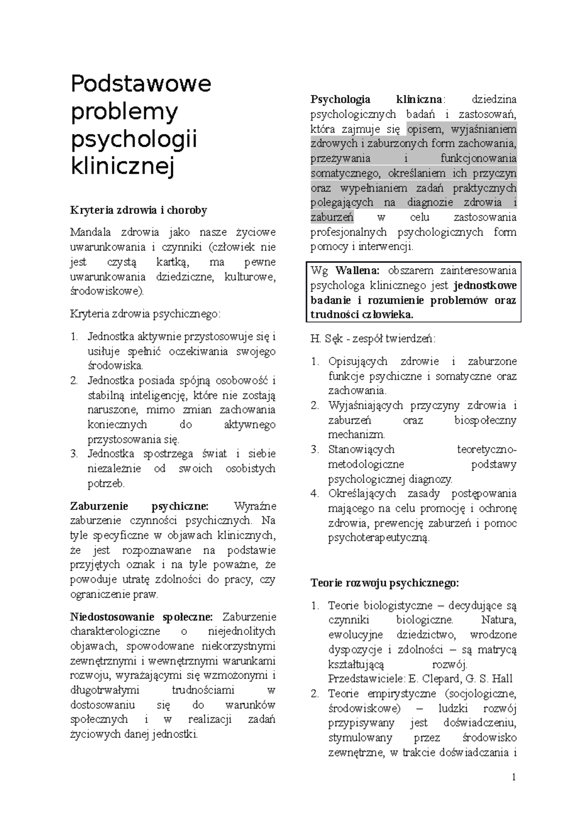 Notatki Psychologia Kliniczna - Podstawowe Problemy Psychologii ...