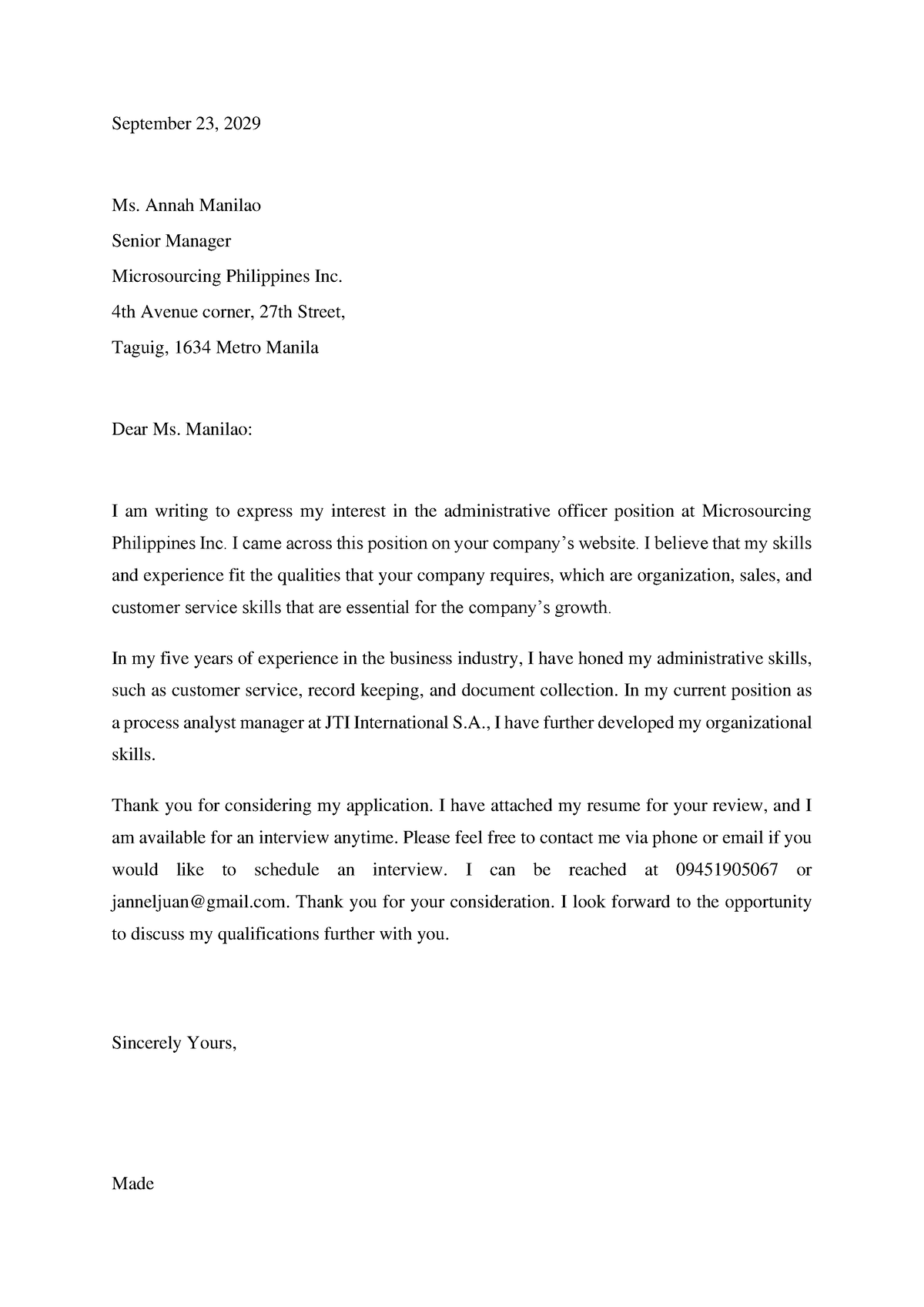 Application letter - September 2 3, 20 29 Ms. Annah Manilao Senior ...