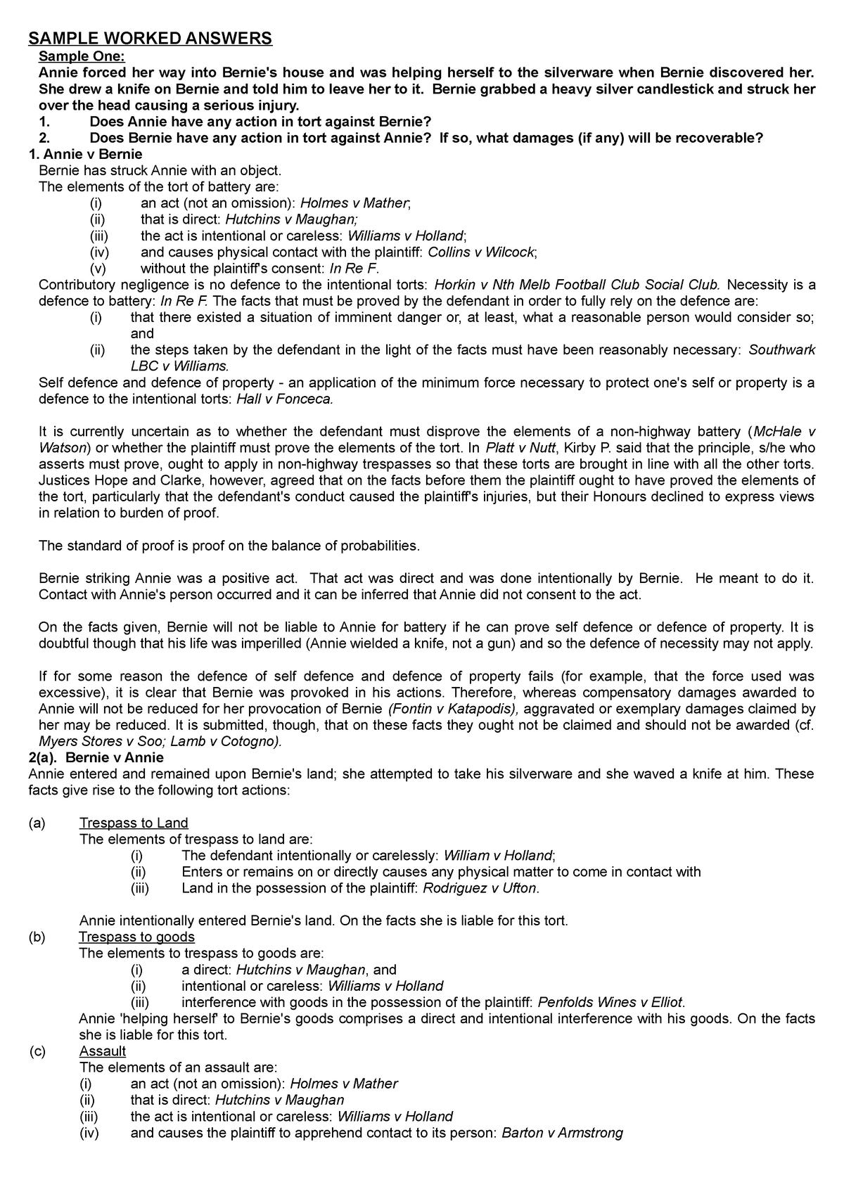 Sample/practice exam 11 May 2012, questions and answers Sample IRAC