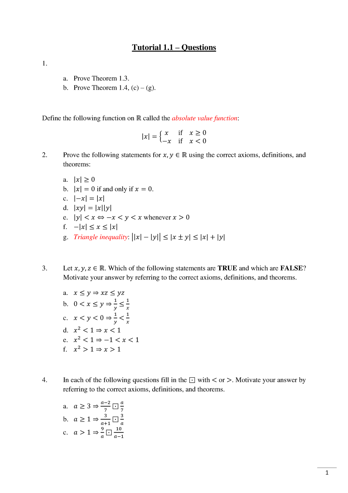 Tutorial 1.1 - Questions - 1 Tutorial 1 – Questions 1. A. Prove Theorem ...