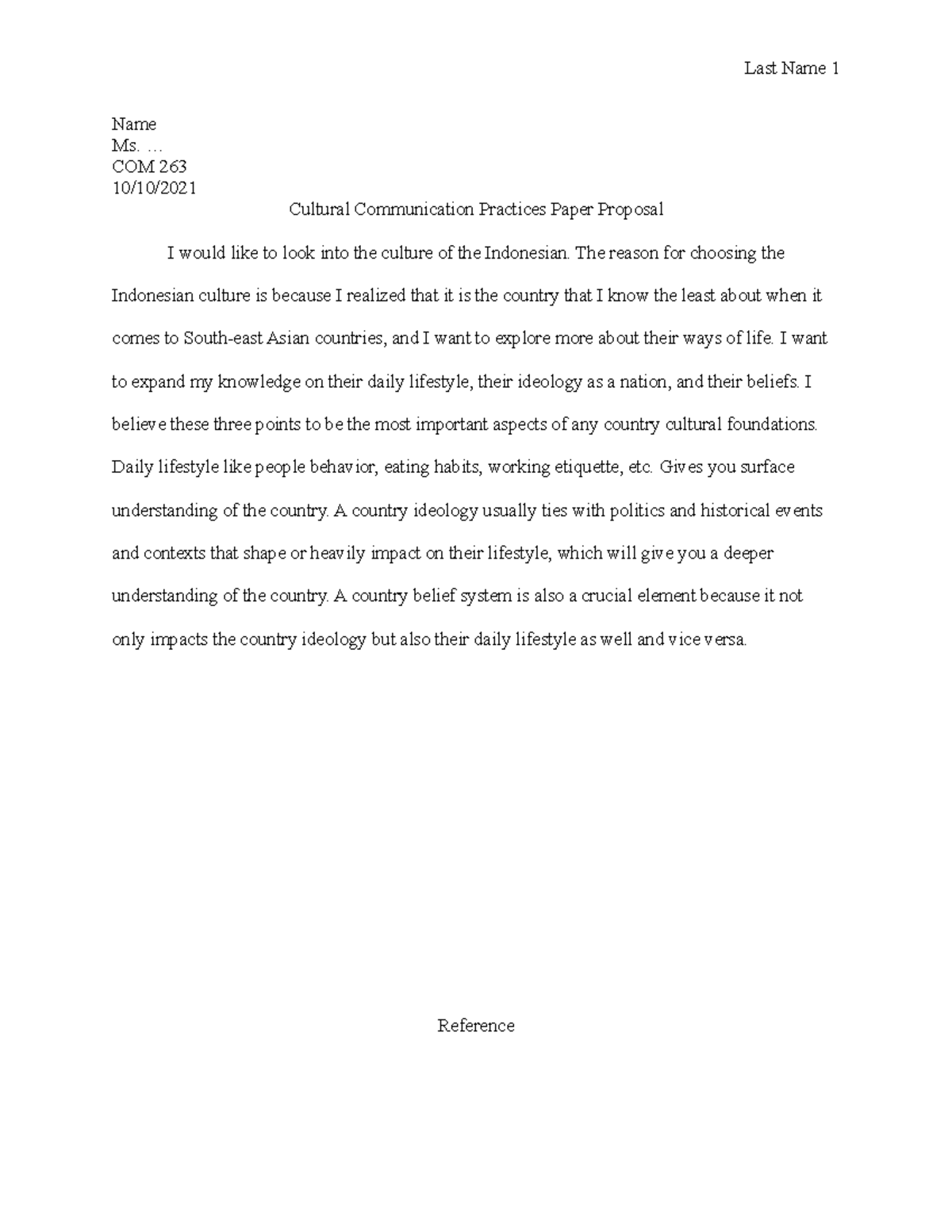 Cultural Communication Practices Paper Proposal Name Ms. COM 263