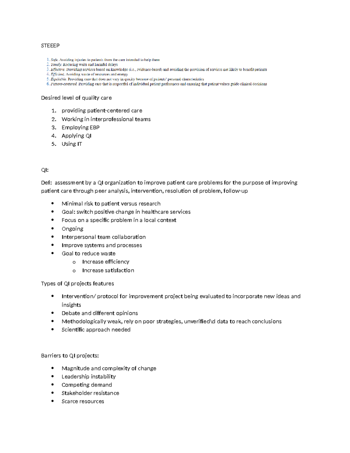 QI chapter 12 - notes from QI - STEEEP Desired level of quality care 1 ...