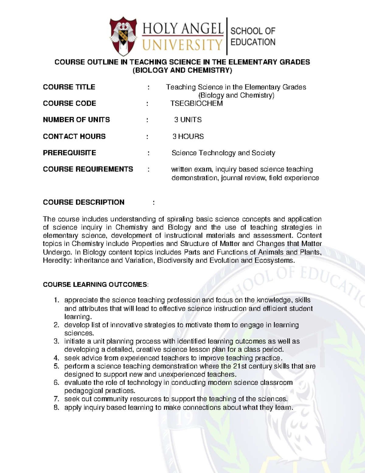 Teaching Science IN Elementary Grade COURSE OUTLINE IN TEACHING 