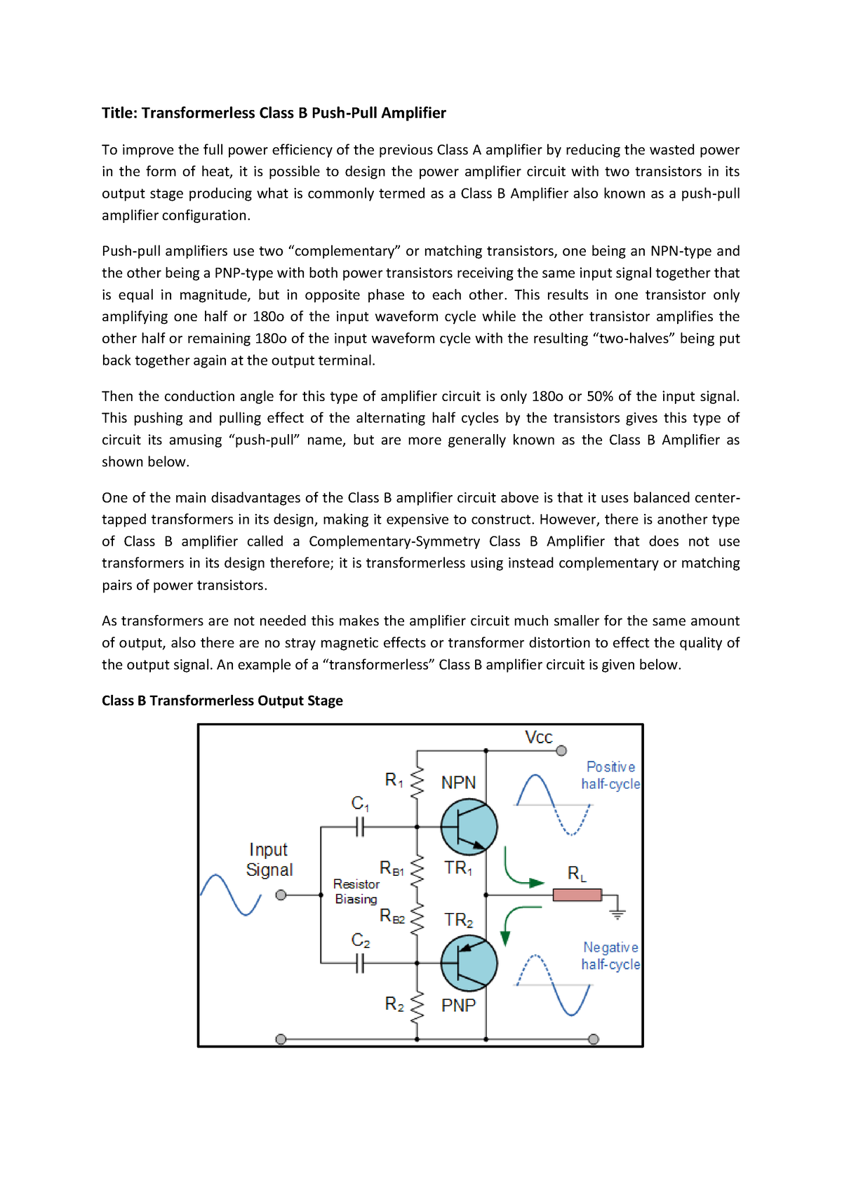 Class B Push Pull Amplifier - Title: Transformerless Class B Push-Pull ...