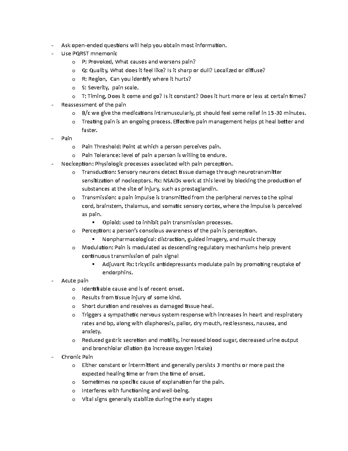 NURS 101L pain management Notes - Nurs 100 - WCU - Studocu