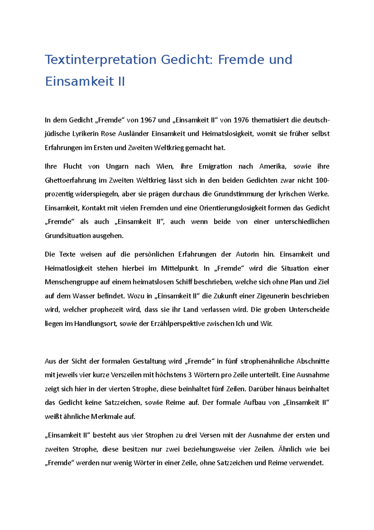 Gedichtinterpretation Fremde und Einsamkeit Textinterpretation Gedicht Fremde und Einsamkeit