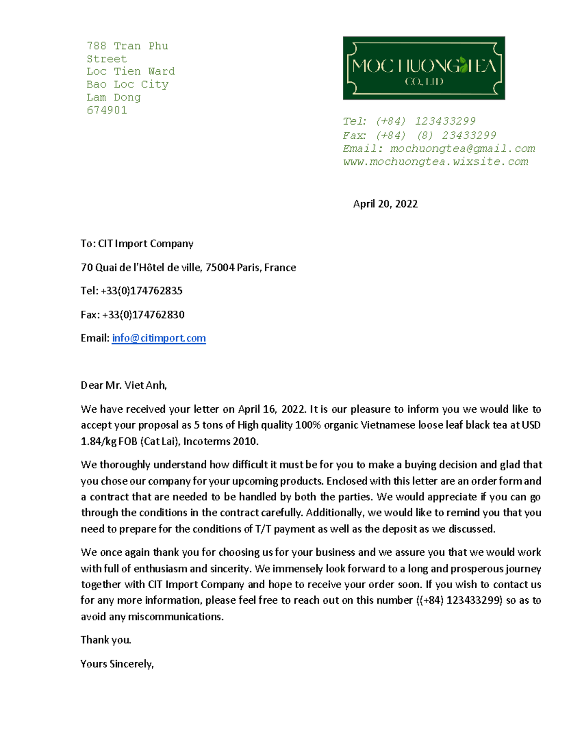 [MOC Huong TEA CO., LTD] Acceptance Letter - April 20, 2022 To: CIT ...