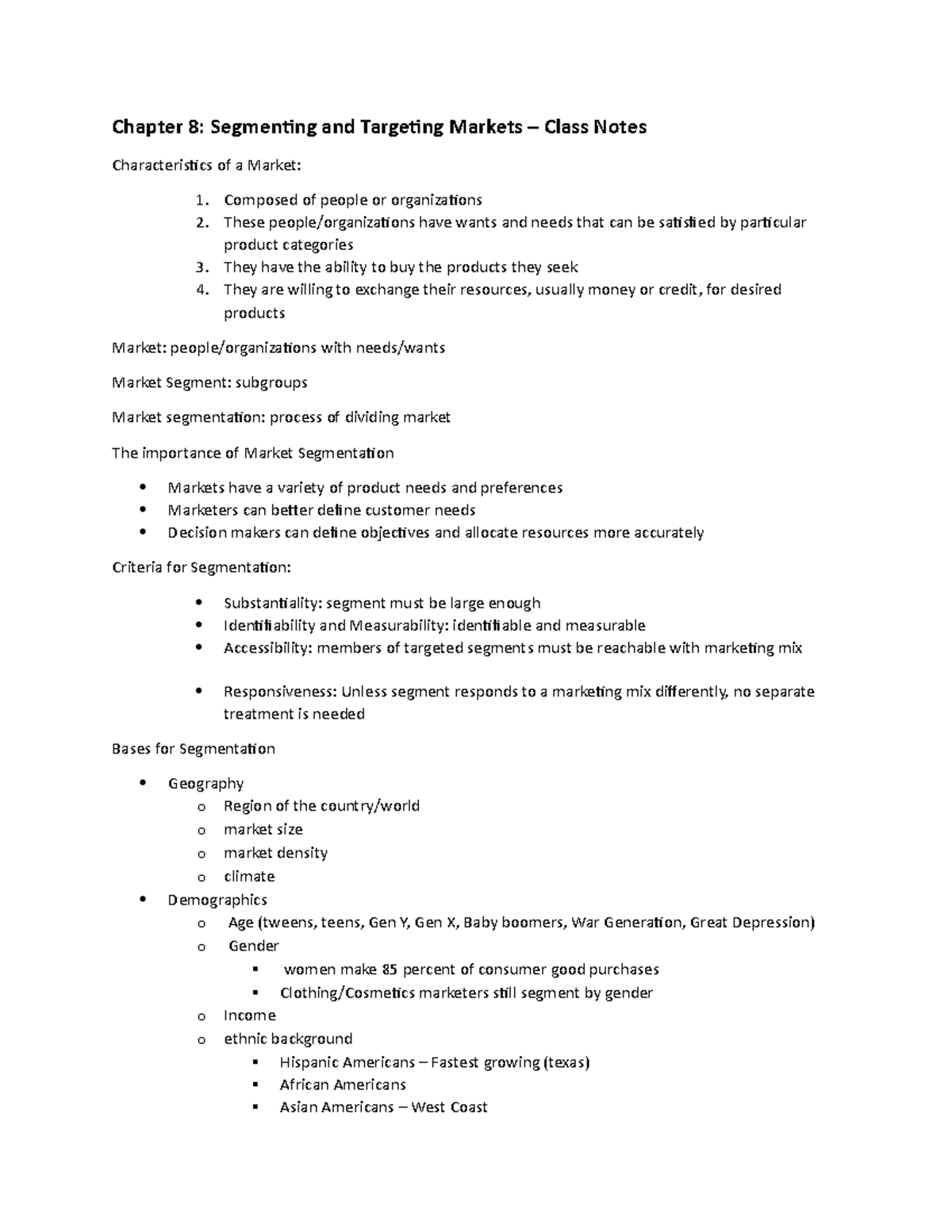 Marketing Chapter 8 Notes - Chapter 8: Segmenting and Targeting Markets ...