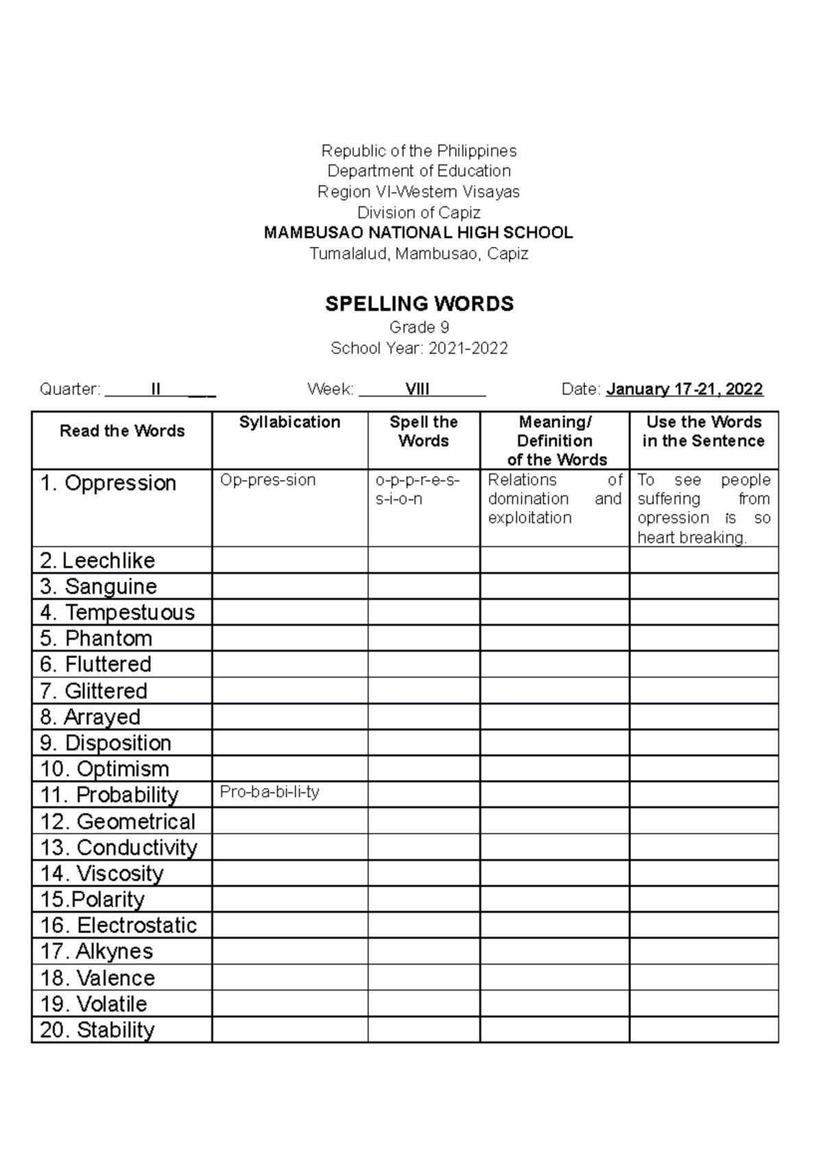 Consolidated spelling words Republic of the Philippines Department of