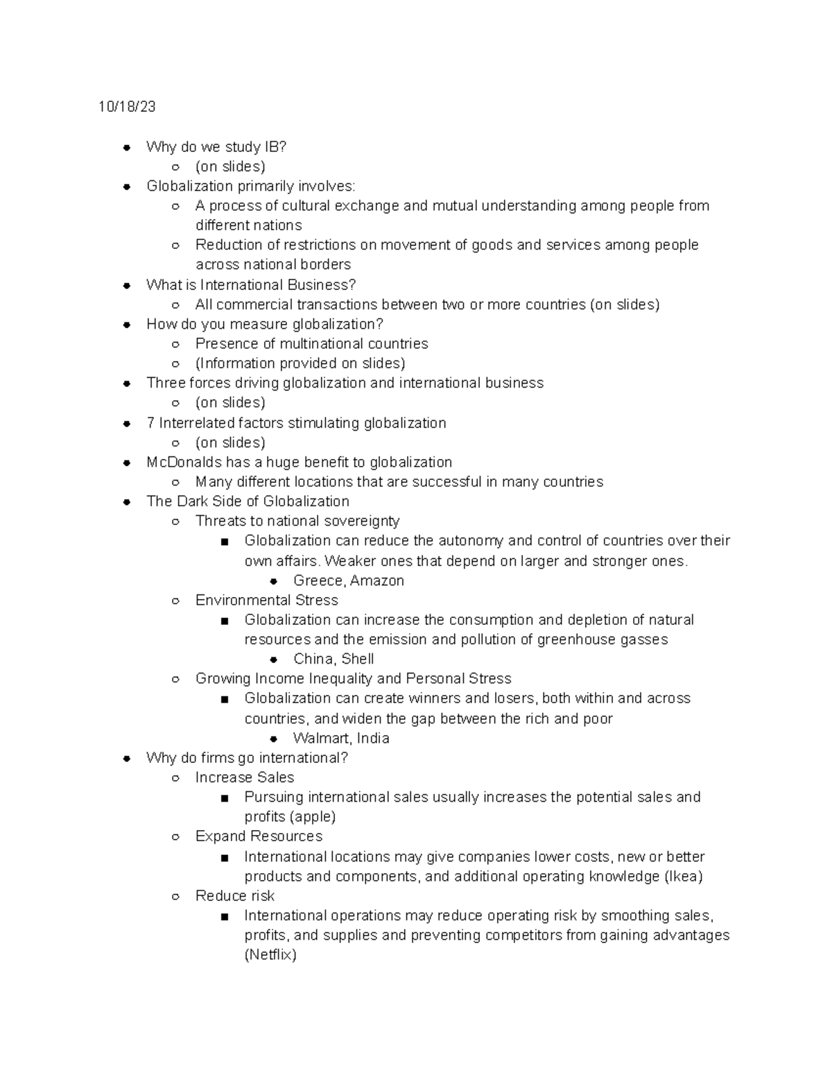 D270 Notes - BUS d270 - 10/18/ Why do we study IB? (on slides ...