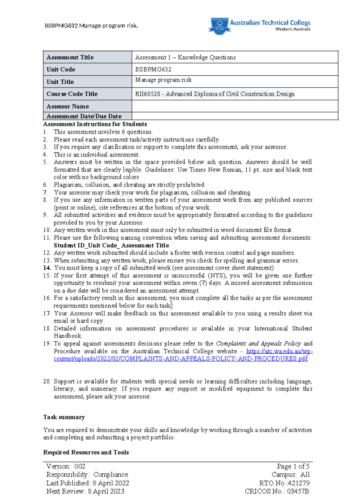 Assessment 1 Knoweledge Question (1)632 - Assessment Title Assessment 1 ...