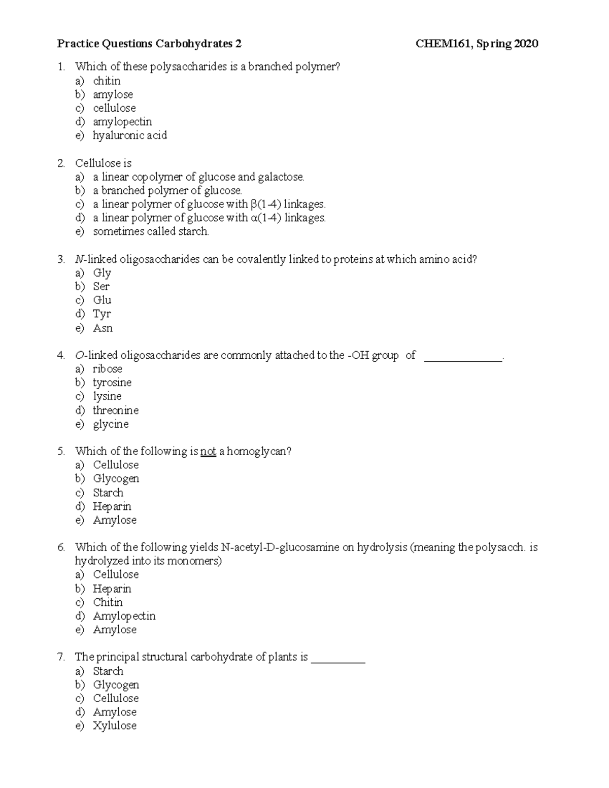 Practice Carbs 2 - Practice Questions Carbohydrates 2 CHEM161, Spring ...