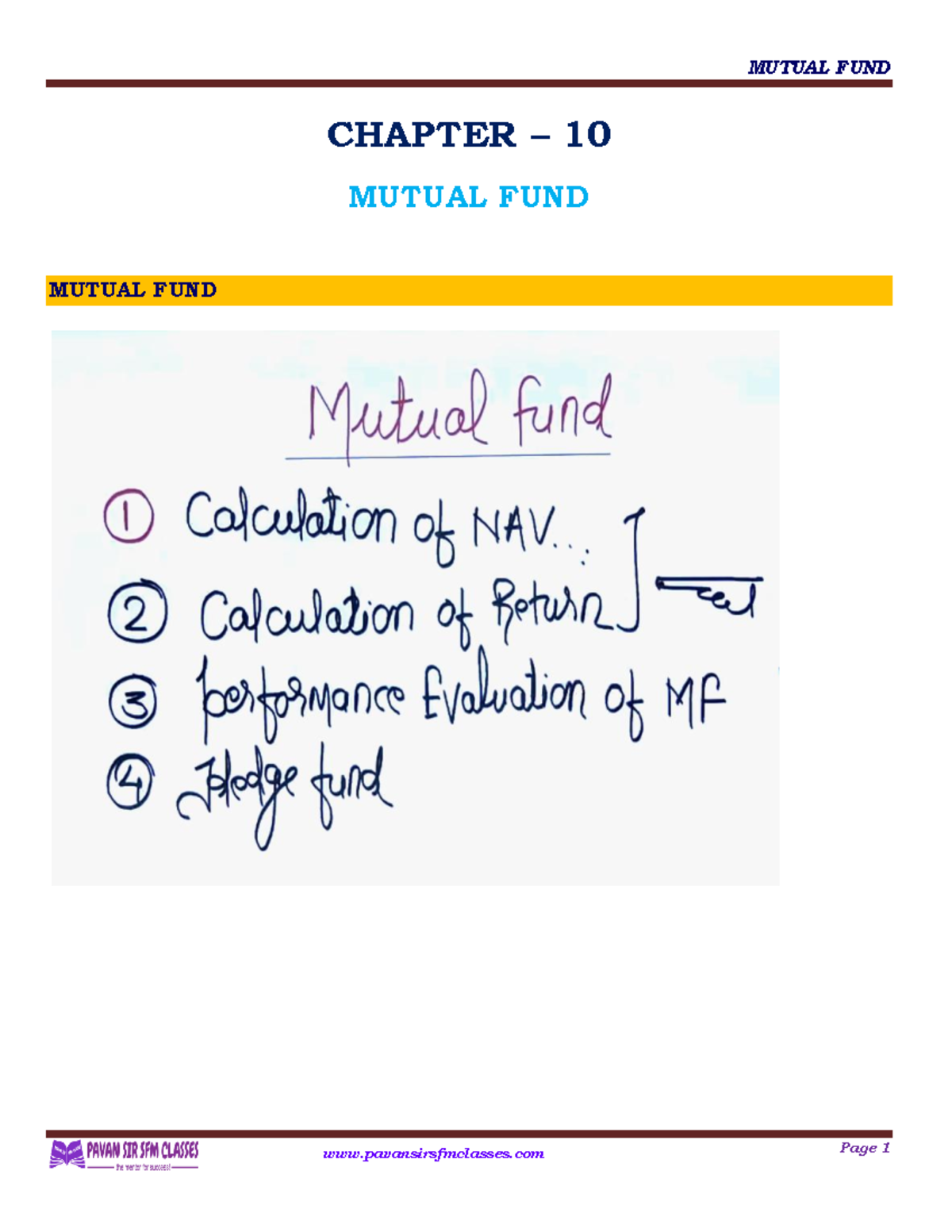 Mutual Fund Revision Notes - Chapter – 10 Mutual Fund Mutual Fund 