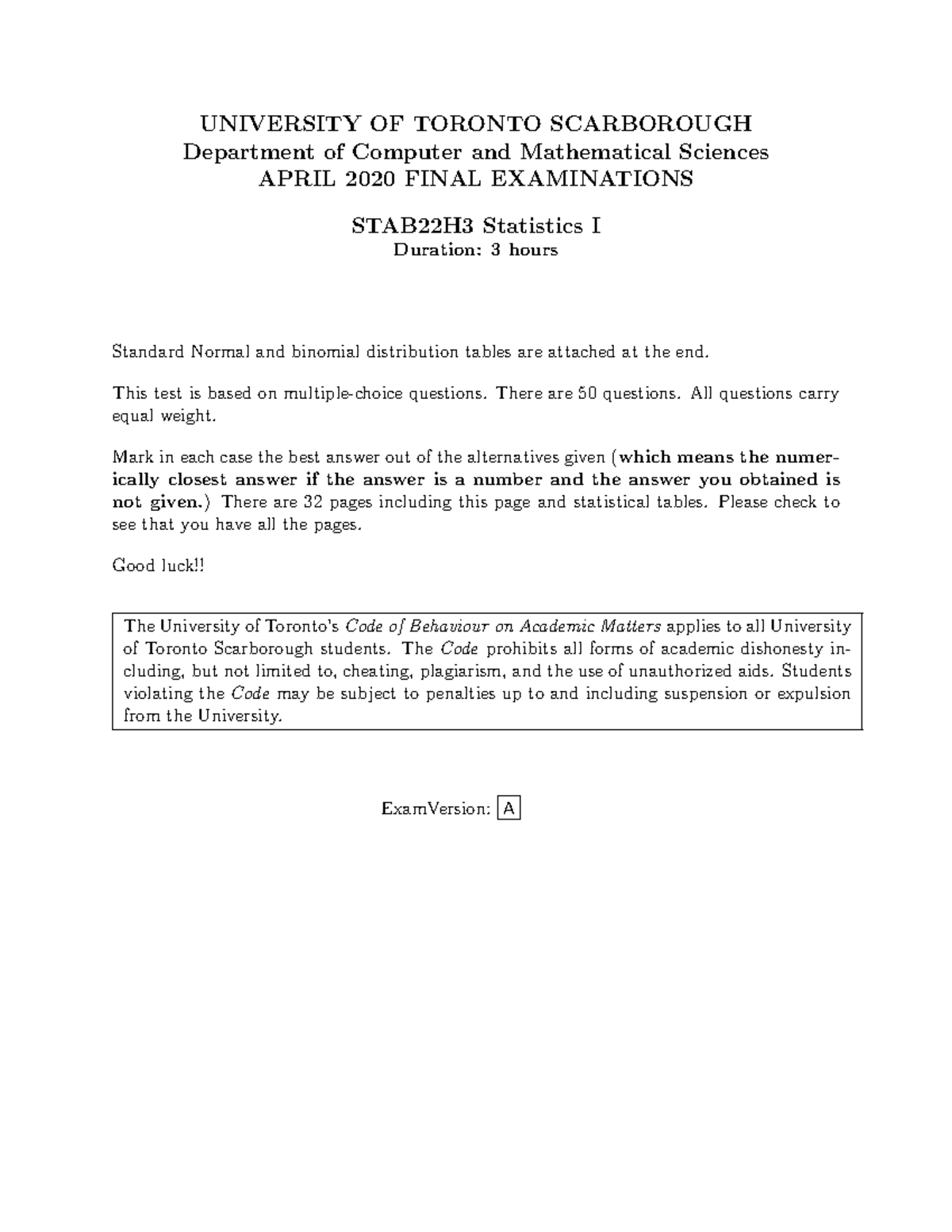 STAB22 Final Exam Winter 2020 MATH 3131 Yorku Studocu