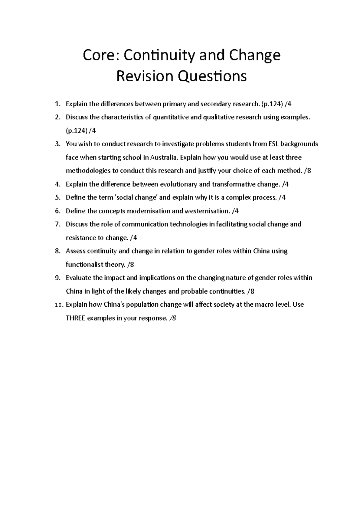 Continuity and Change Revision Questions for exam Core Continuity