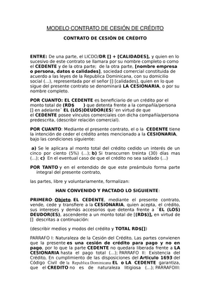 Modelo Contrato DE Cesión DE Crédito - MODELO CONTRATO DE CESIÓN DE CRÉDITO  CONTRATO DE CESIÓN DE - Studocu