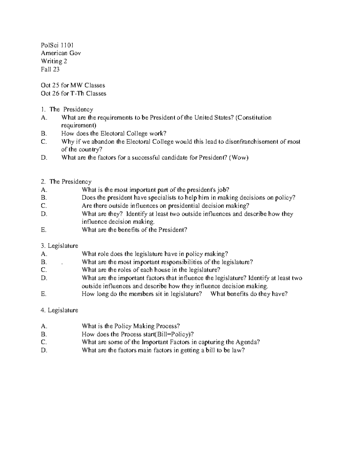 in class description - PolSci 1101 American Gov Writing 2 Fall 23 Oct ...