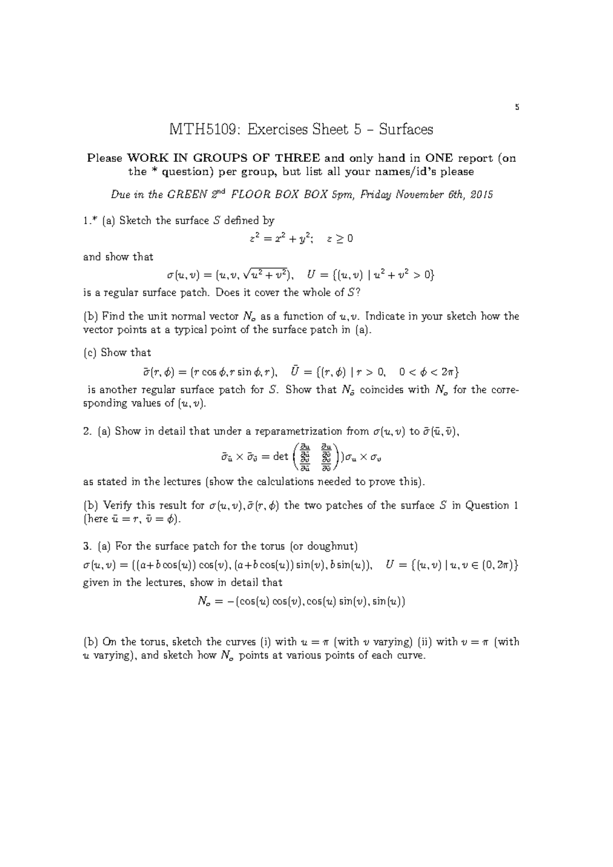 Mth5109 15 16 Problem Sheet 5 Qmul Studocu