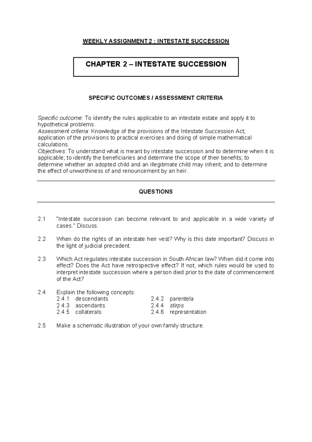 Intestate Succession - revision questions - WEEKLY ASSIGNMENT 2 ...