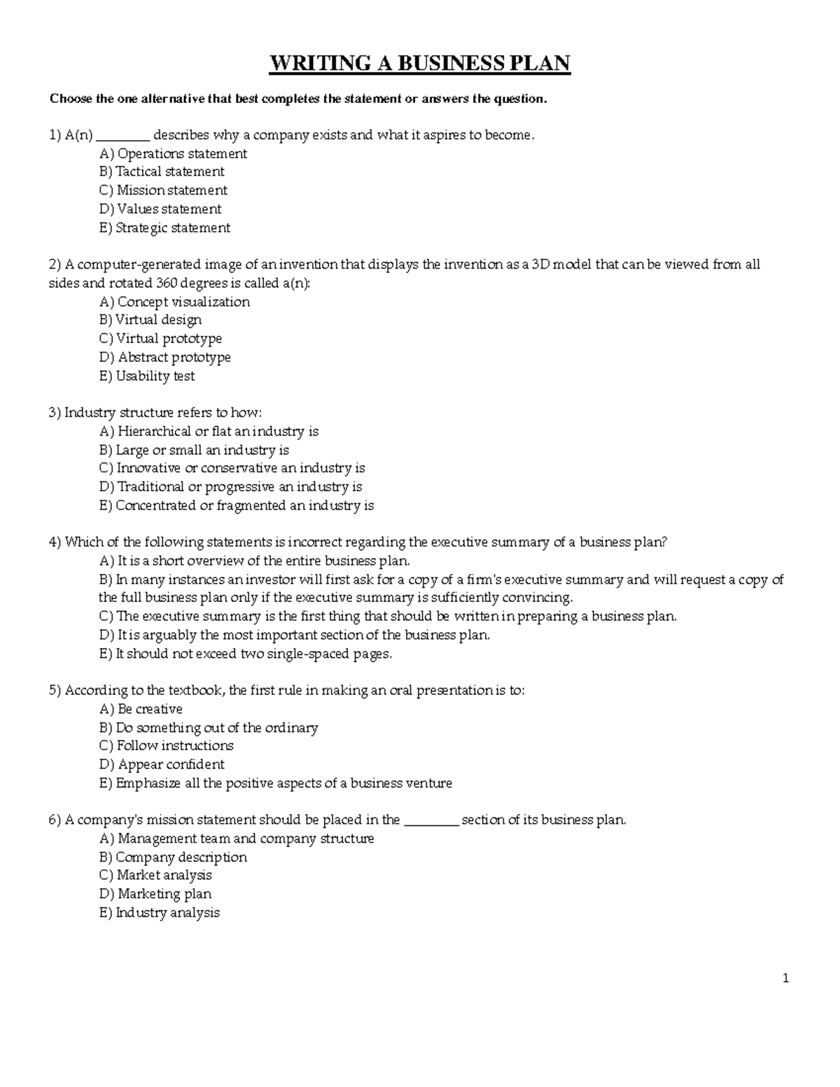 Chapter 4 - WRITING A BUSINESS PLAN Choose the one alternative that ...