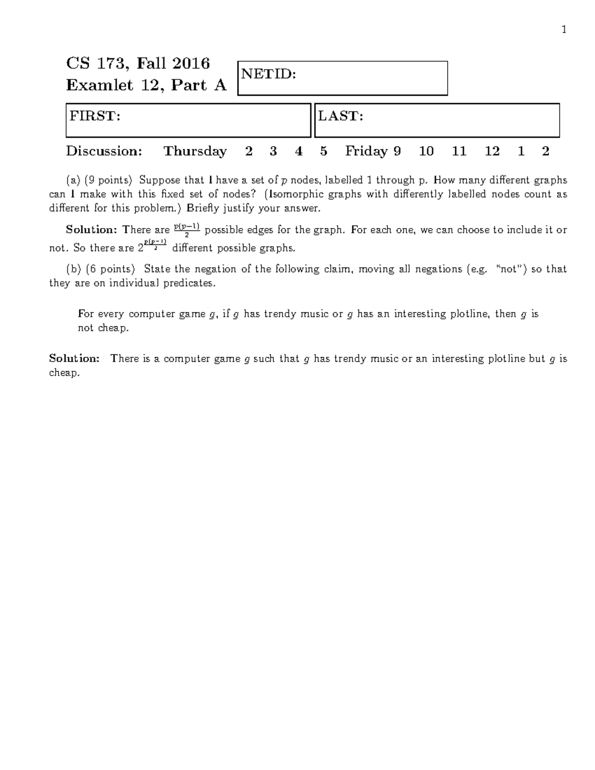 Long Solutions-52 - Cscscscsc - CS 173, Fall 2016 Examlet 12, Part A ...