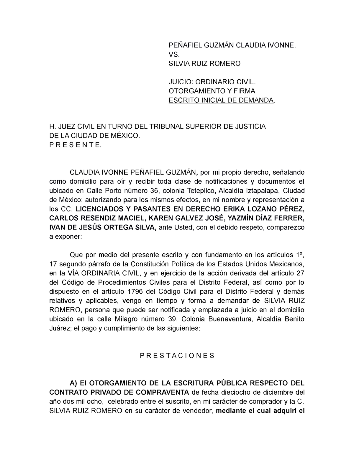 Demanda - PEÑAFIEL GUZMÁN CLAUDIA IVONNE. VS. SILVIA RUIZ ROMERO JUICIO ...