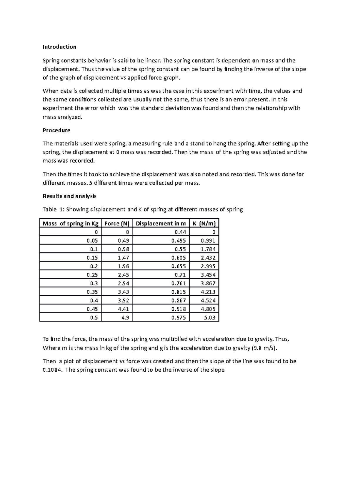 Lab report 01042023 - Introduction Spring constants behavior is said to ...
