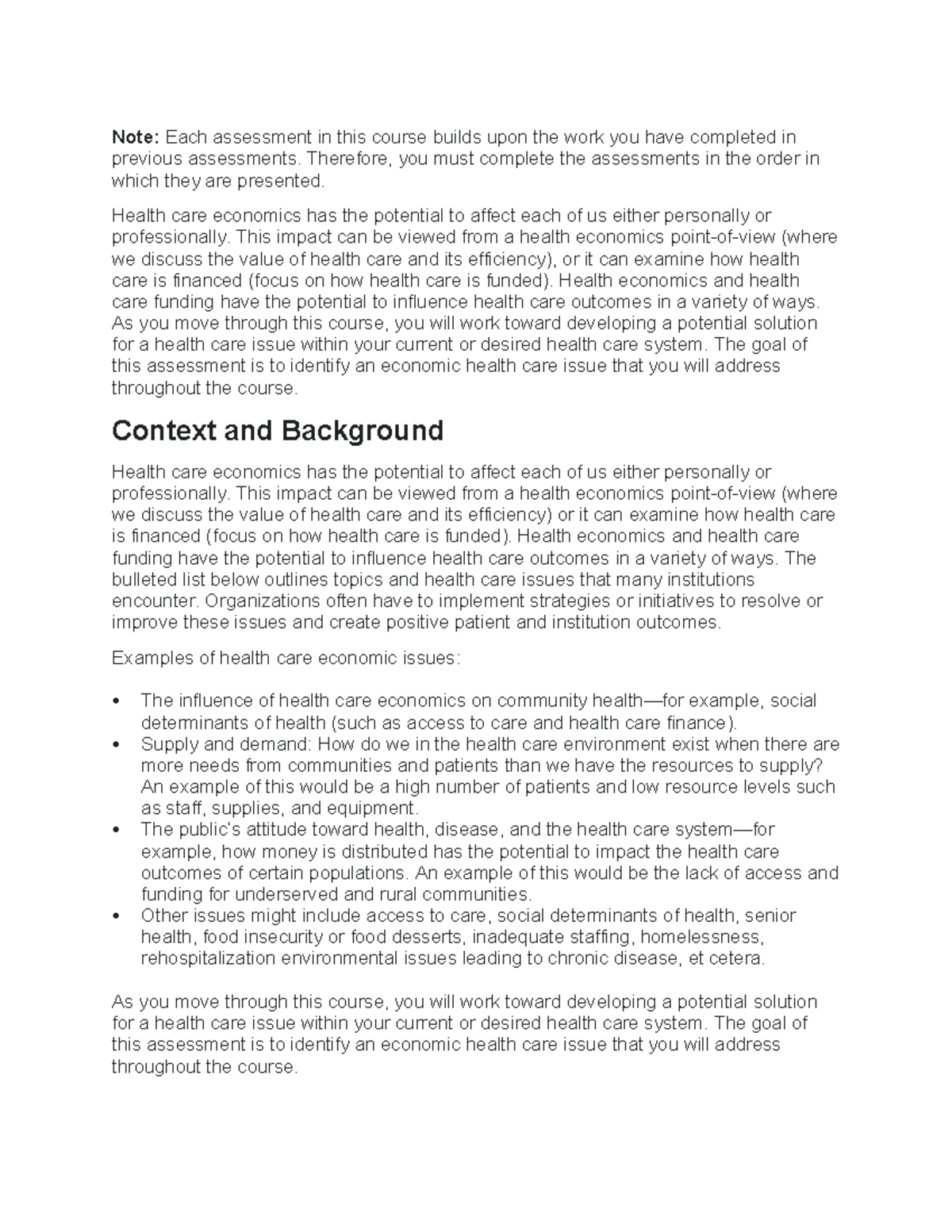 NHS-FPX 6008 Identifying a Local Health Care Economic Issue - Note ...