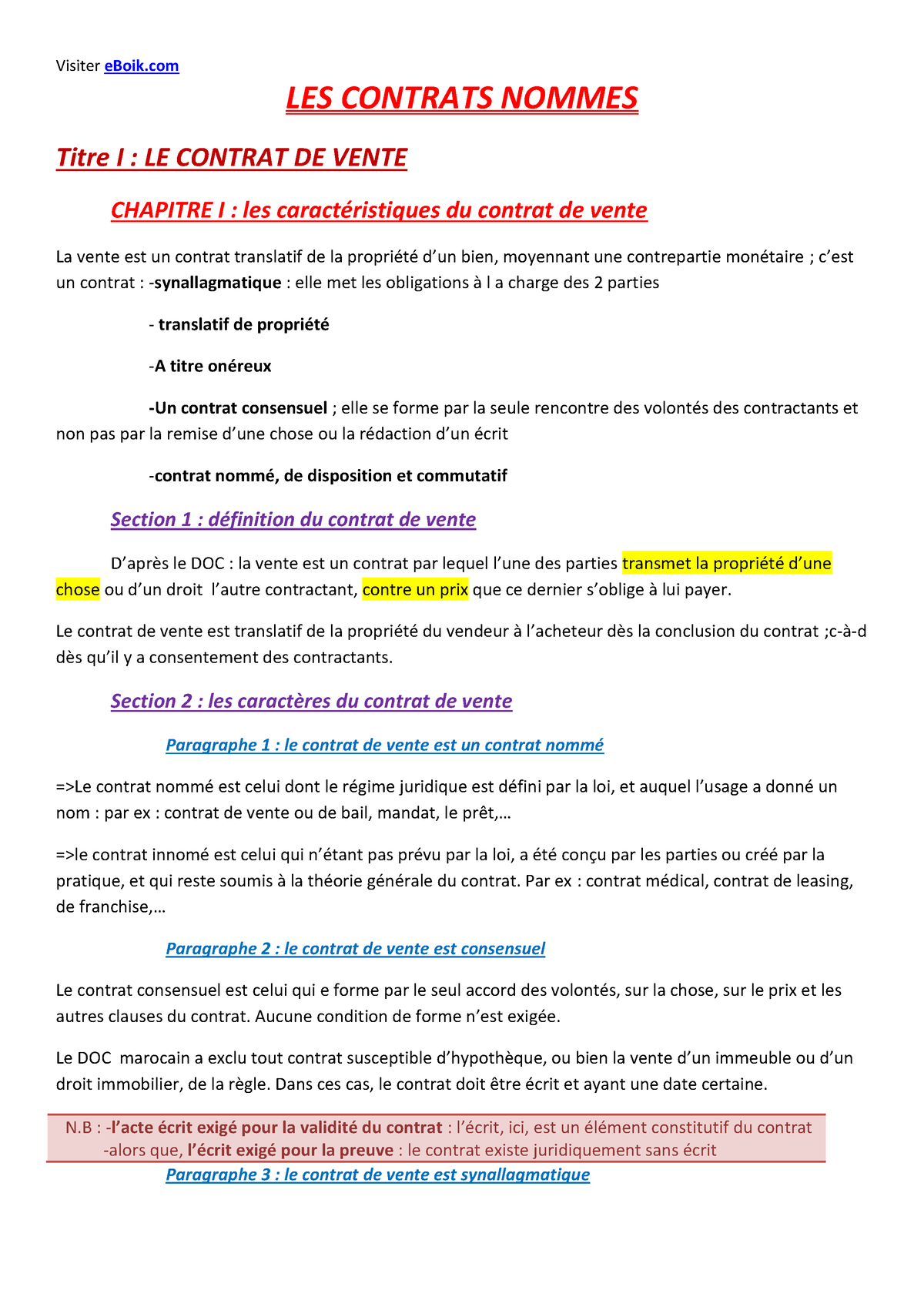 LES Contrats Nommes 3 - LES CONTRATS NOMMES Titre I : LE CONTRAT DE ...