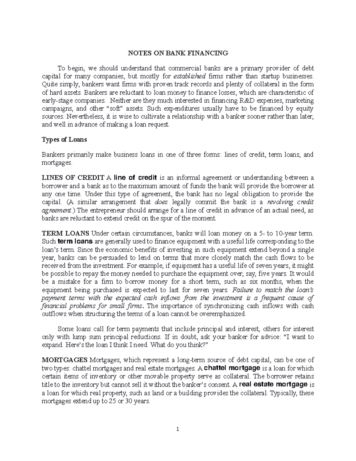 Notes on Bank Financing - NOTES ON BANK FINANCING To begin, we should ...