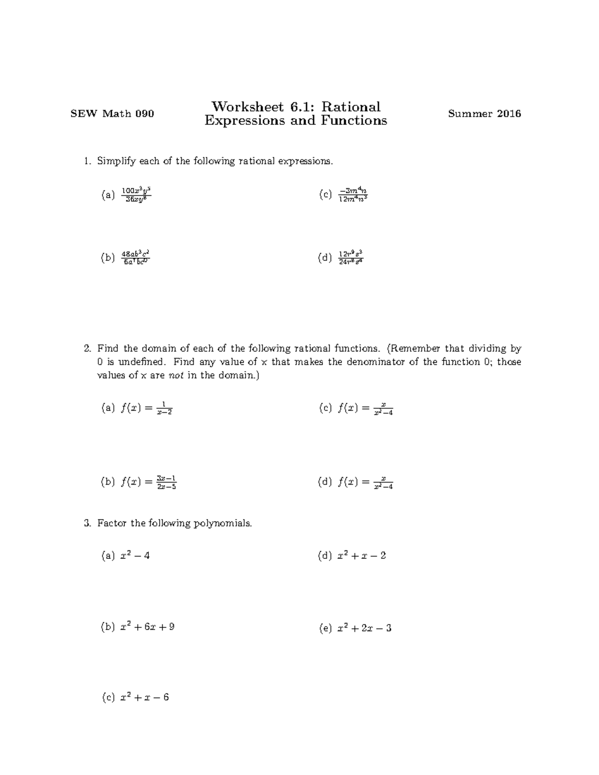 SEW Math worksheet 6.1 - Worksheet 6: Rational Expressions and ...