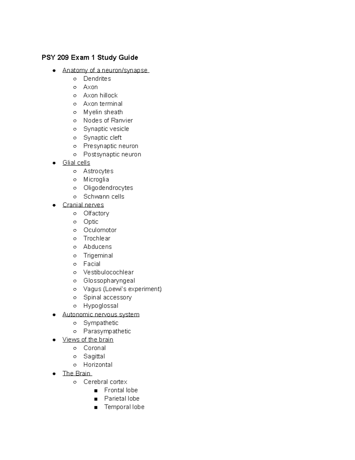 PSY 209 Exam 1 Study Guide Fa22 - PSY 209 Exam 1 Study Guide Anatomy of ...