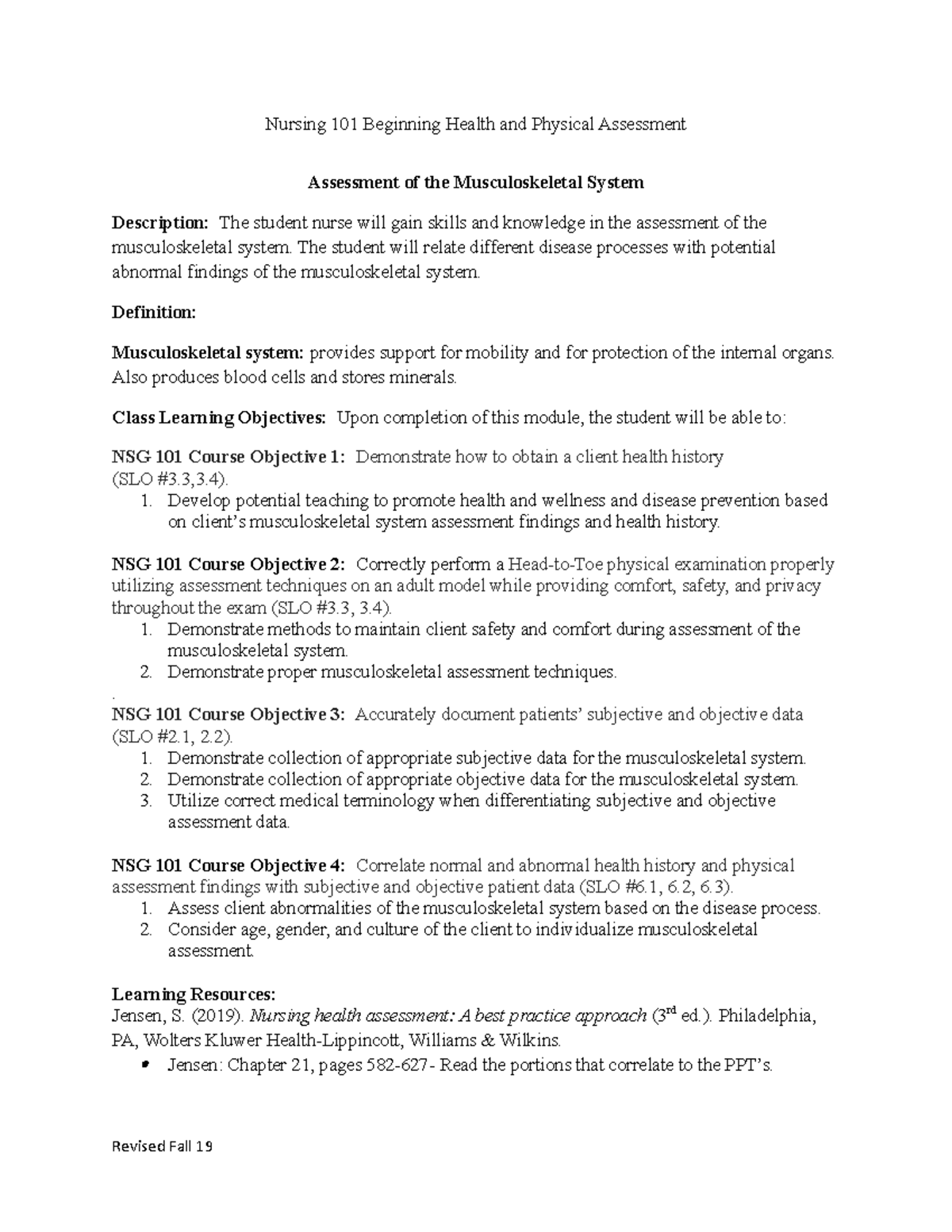 Musculoskeletal Module Fall 19 - Nursing 101 Beginning Health and ...