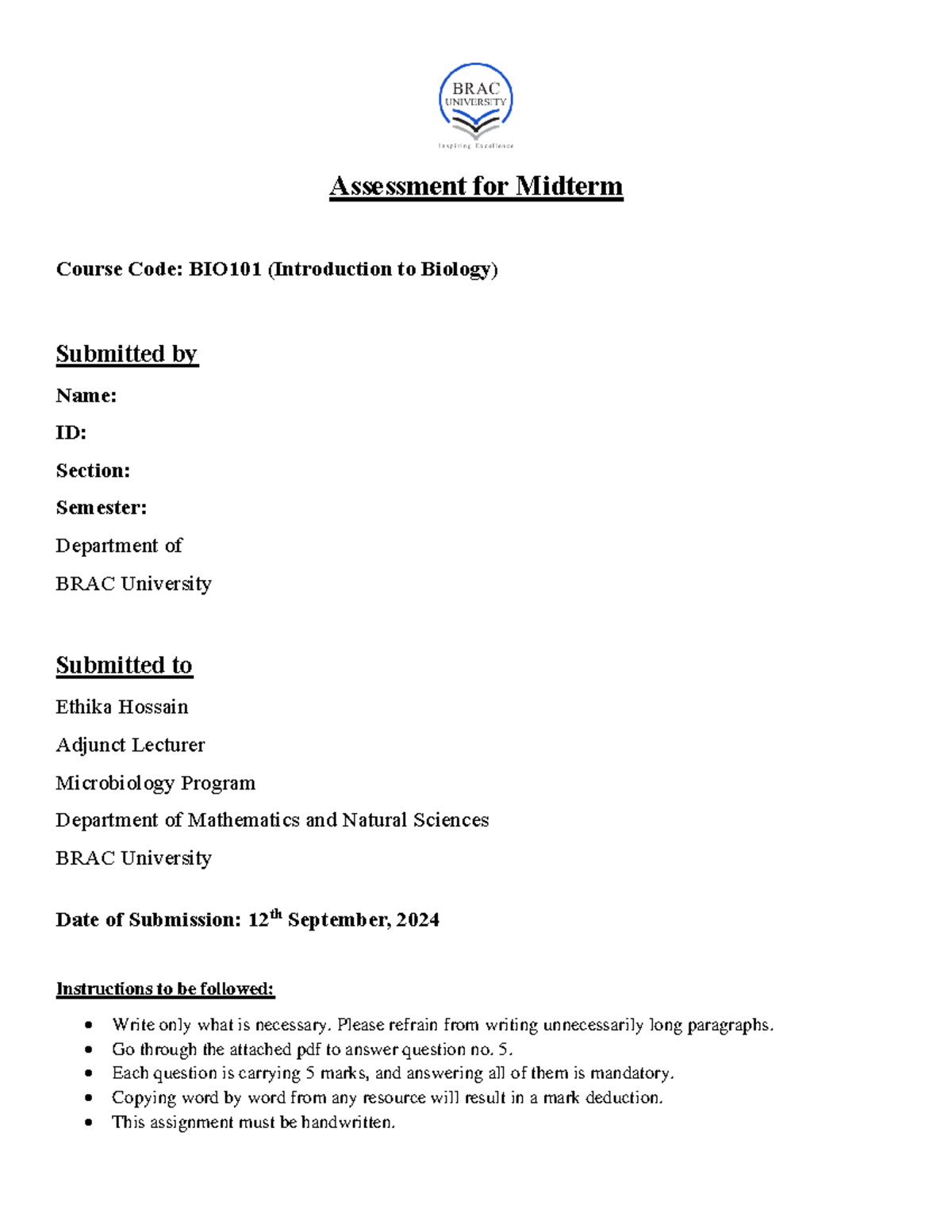 Bio101 - Assessment for Midterm Course Code: BIO101 (Introduction to ...