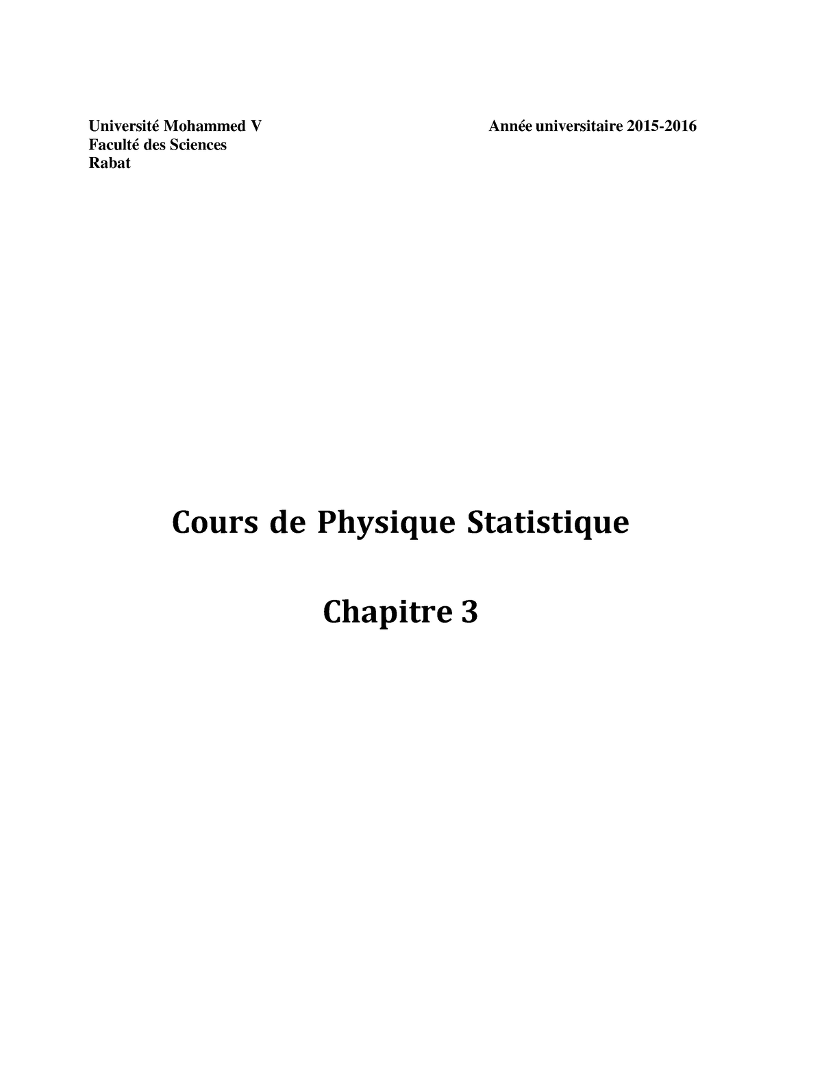 Cours De Physique Statistique Chapitre 3 - Université Mohammed V Année ...