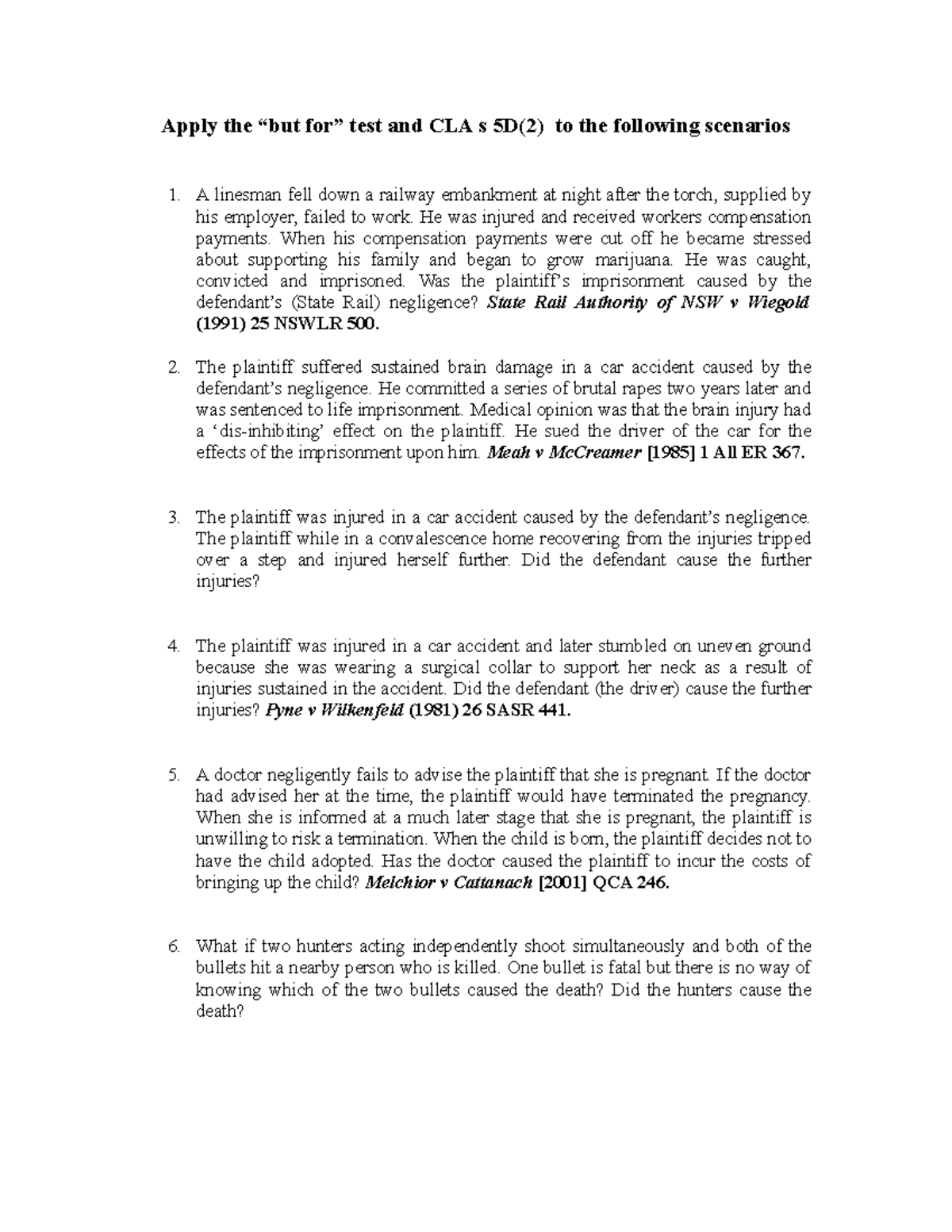 Torts But For Worksheet - Apply the “but for” test and CLA s 5D(2) to ...