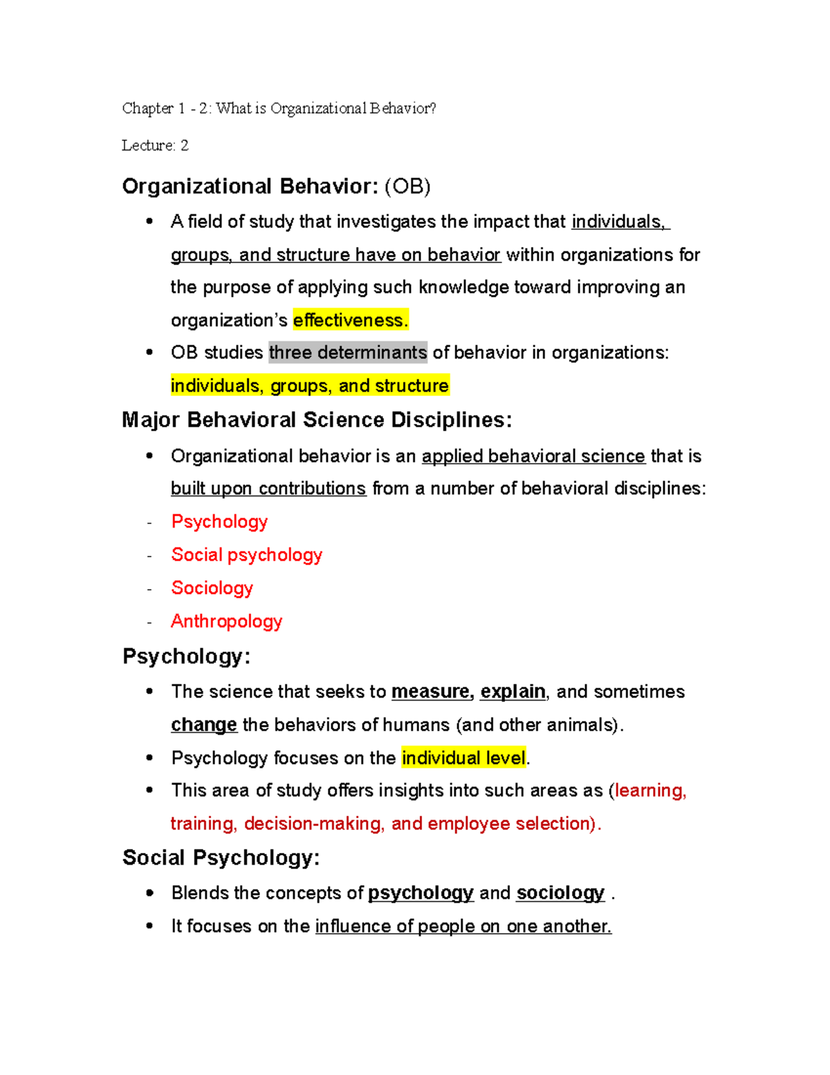 Lec 2 OB - Some Lecture Notes About Chapter 2 Of The Organizational ...