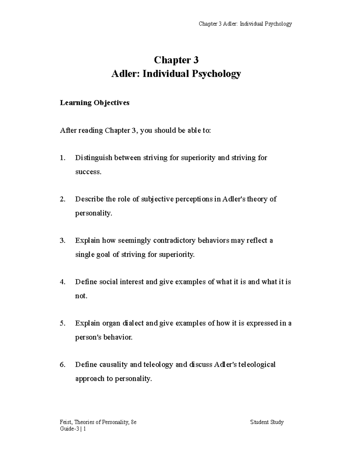 Feist 8e SG Ch03 - Chapter 3 Adler: Individual Psychology Learning ...