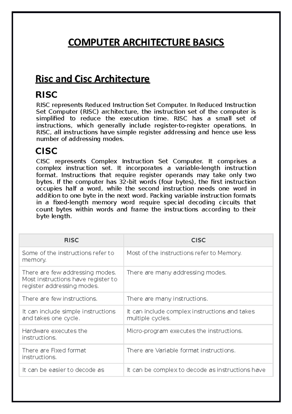 Computer Architecture Basics - COMPUTER ARCHITECTURE BASICS Risc and ...