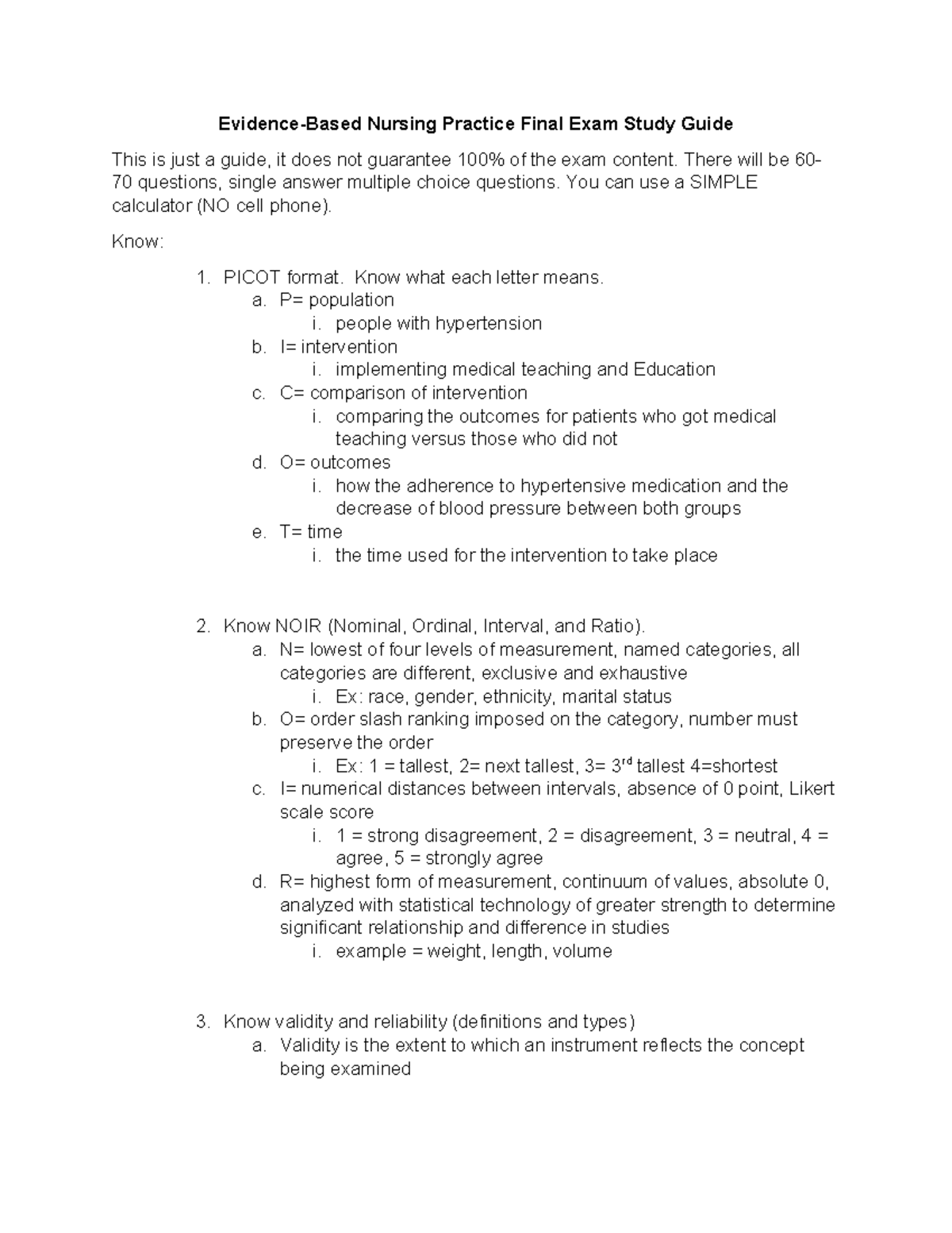 EBP Final Exam Study Guide-GD and CPW - Evidence-Based Nursing Practice ...