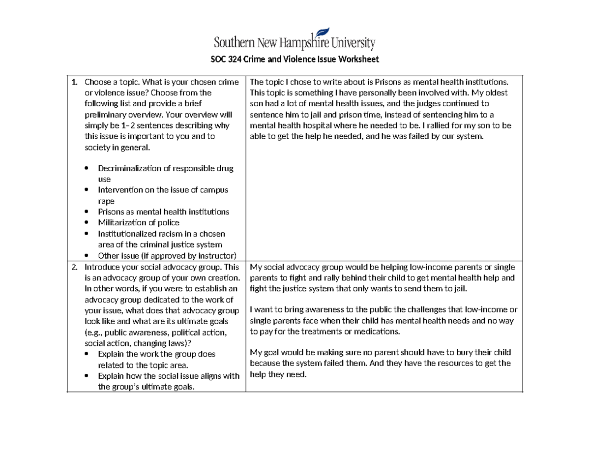 Soc324 crime and violence issue worksheet - SOC 324 Crime and Violence ...