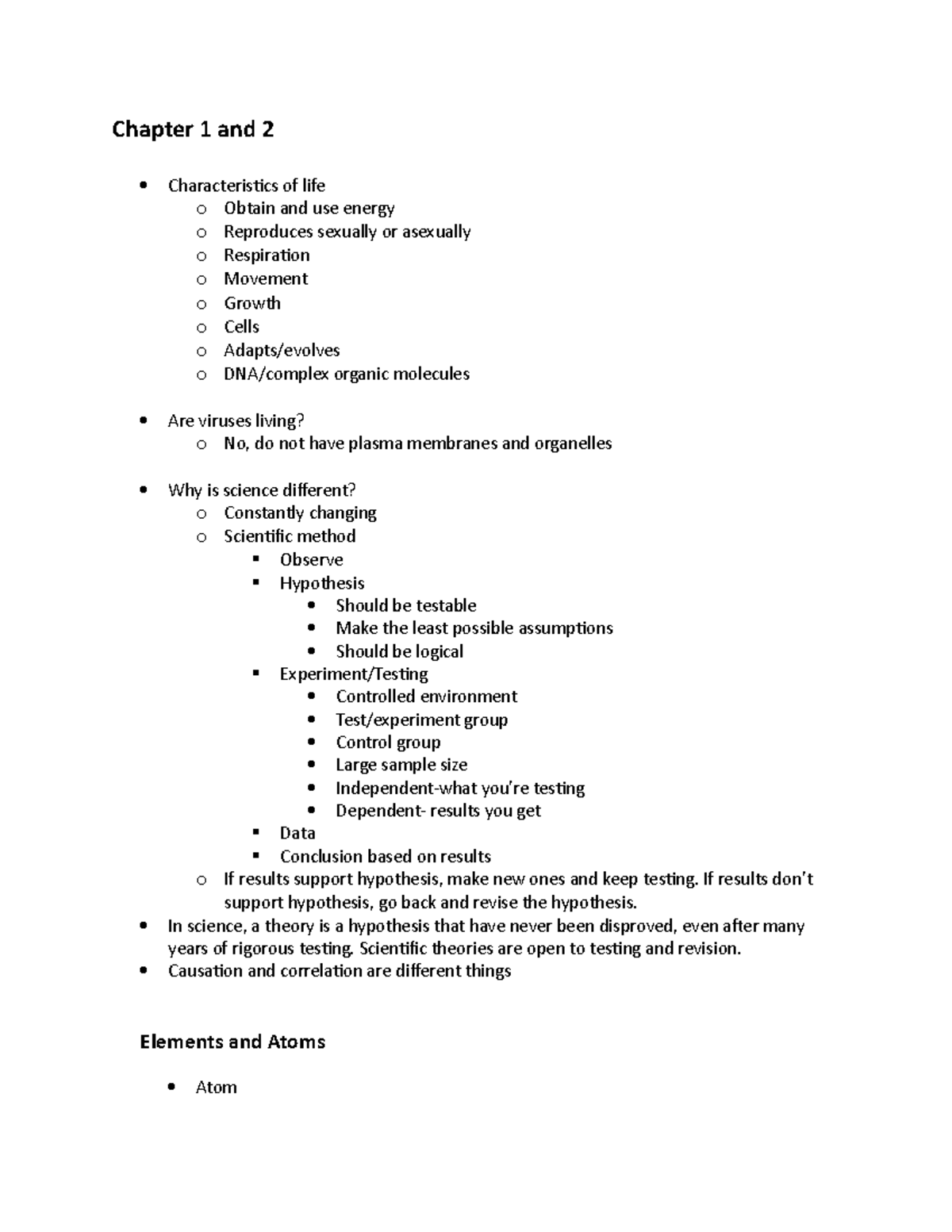 Bio exam 1 lecture notes - Chapter 1 and 2 Characteristics of life o ...