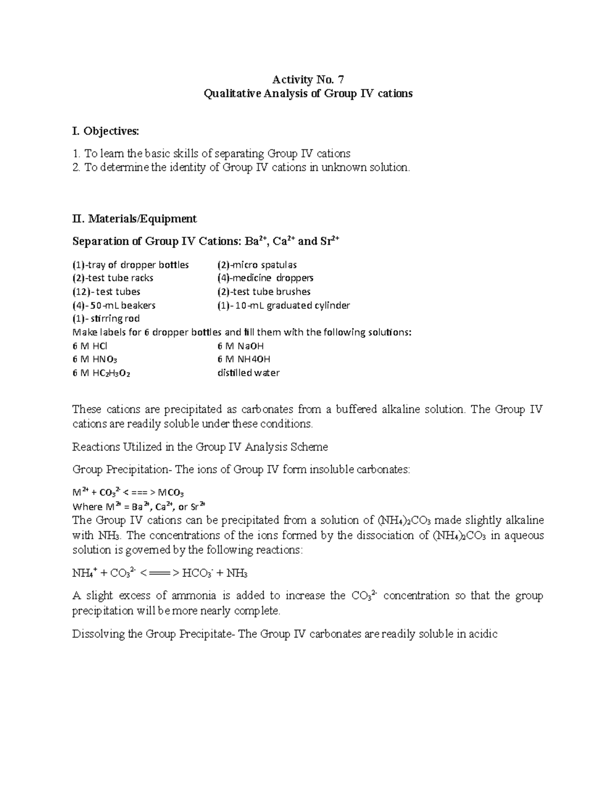 Lab Activity 7 Sheet pat Activity No. 7 Qualitative Analysis of